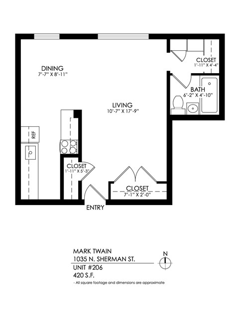 A floor plan of a unit at Mark Twain 1035 N. Sherman St.